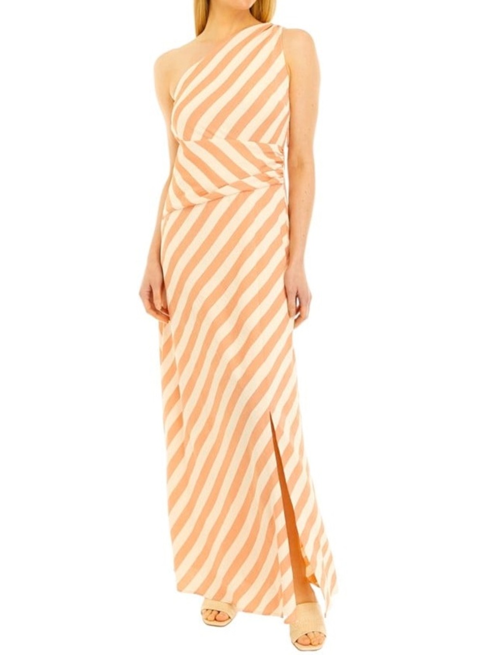 One-Shoulder Peach & Cream Stripe Maxi Dress